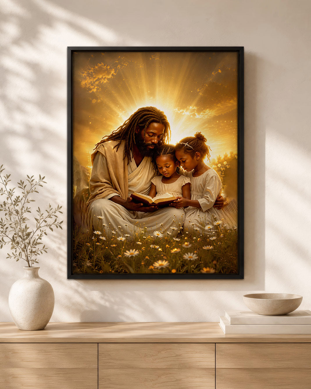Black Jesus Reading Bible with Children Canvas Print – African American Christian Wall Art