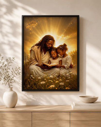 Black Jesus Reading Bible with Children Canvas Print – African American Christian Wall Art