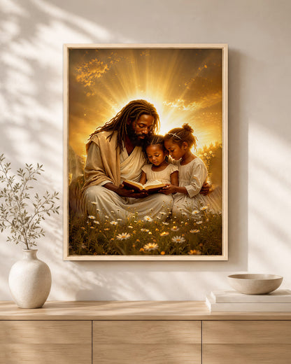 Black Jesus Reading Bible with Children Canvas Print – African American Christian Wall Art