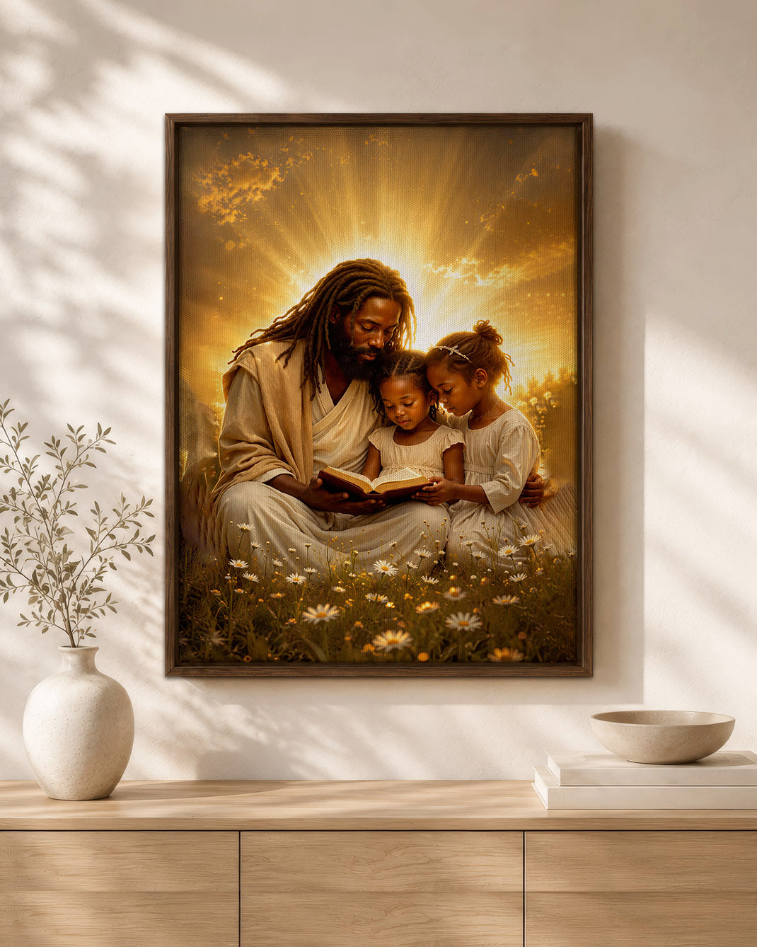 Black Jesus Reading Bible with Children Canvas Print – African American Christian Wall Art