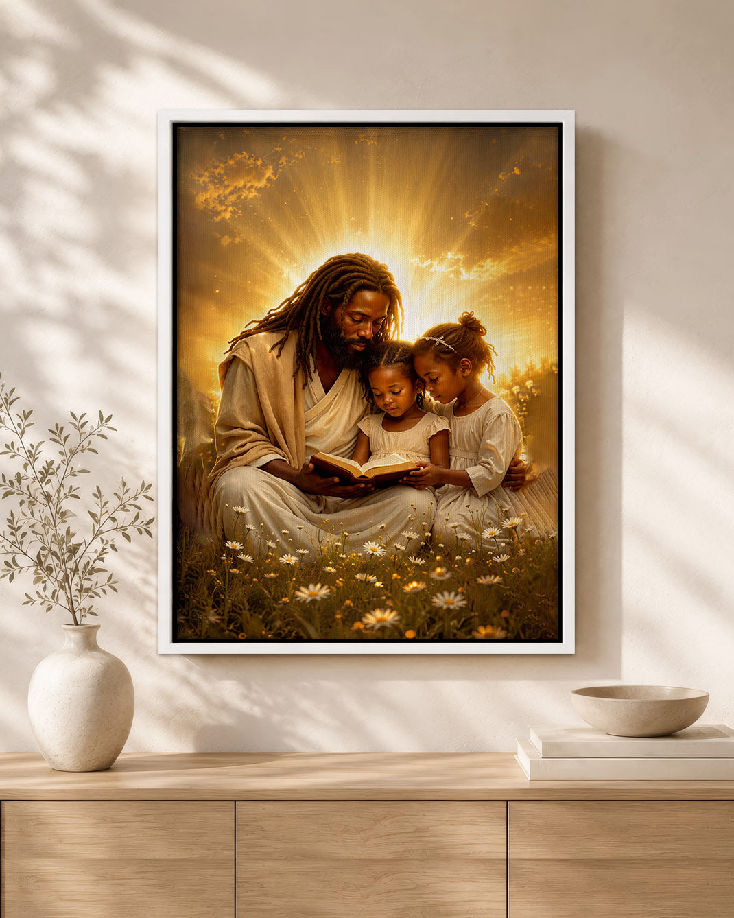 Black Jesus Reading Bible with Children Canvas Print – African American Christian Wall Art