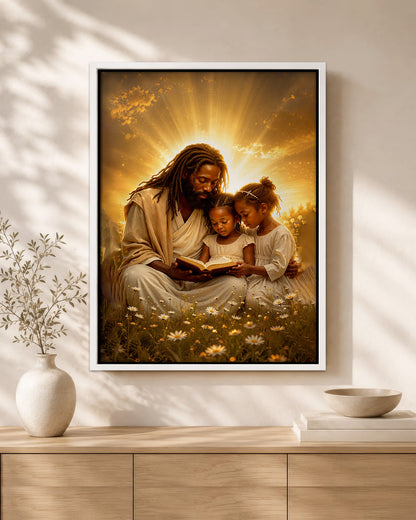 Black Jesus Reading Bible with Children Canvas Print – African American Christian Wall Art