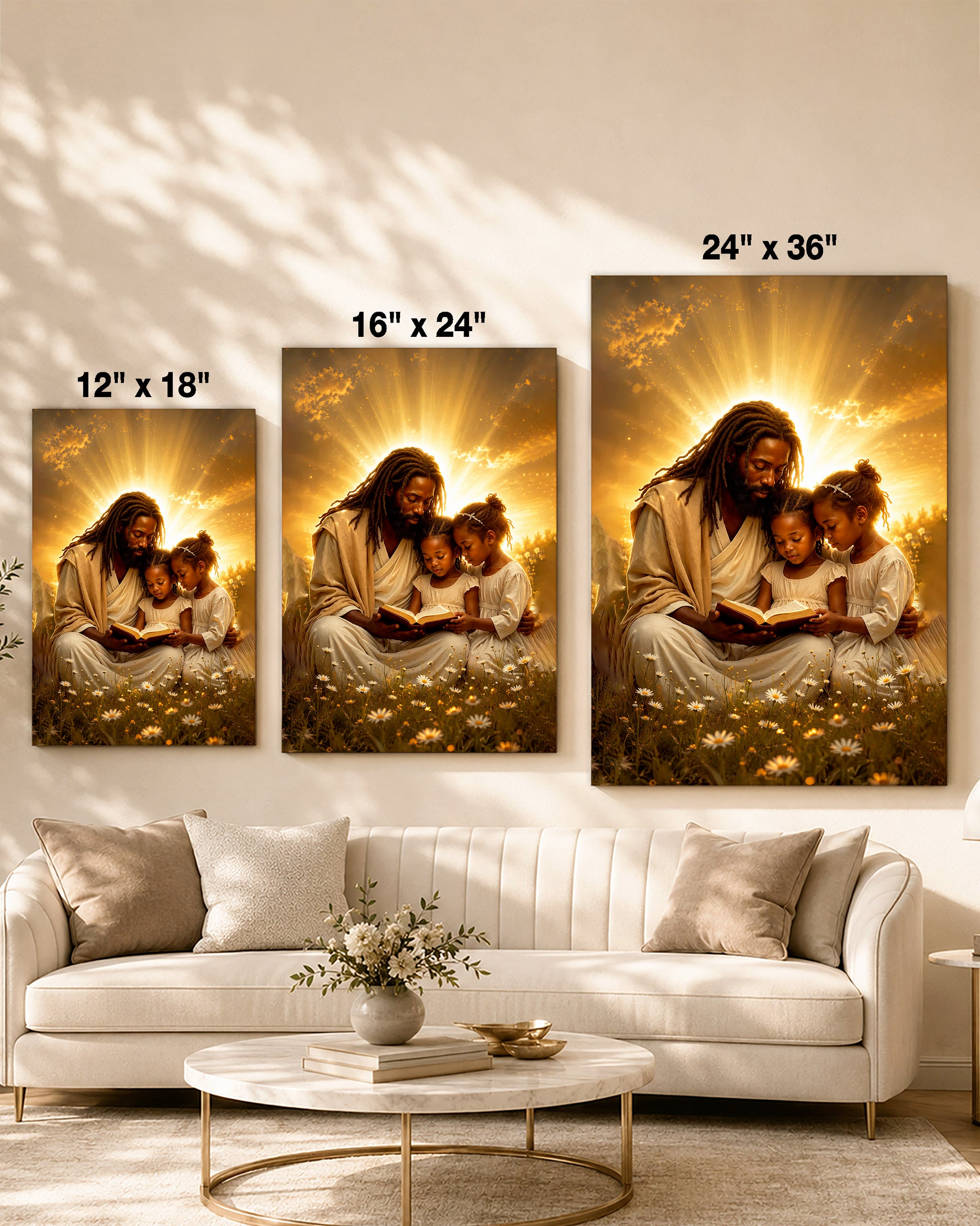 Black Jesus Reading Bible with Children Canvas Print – African American Christian Wall Art