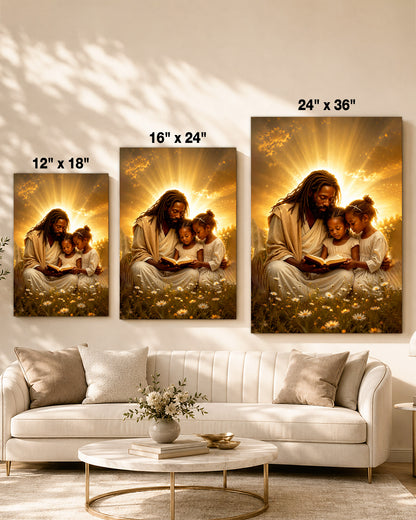 Black Jesus Reading Bible with Children Canvas Print – African American Christian Wall Art