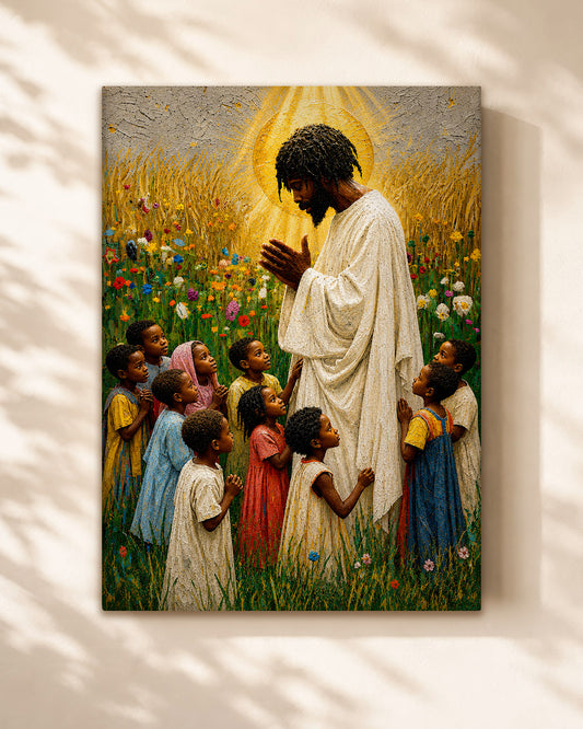 Black Jesus Blessing Children Canvas Print – African American Christian Wall Art