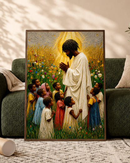 Black Jesus Blessing Children Canvas Print – African American Christian Wall Art