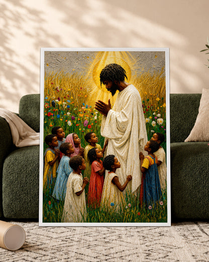Black Jesus Blessing Children Canvas Print – African American Christian Wall Art