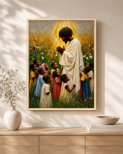 Black Jesus Blessing Children Canvas Print – African American Christian Wall Art