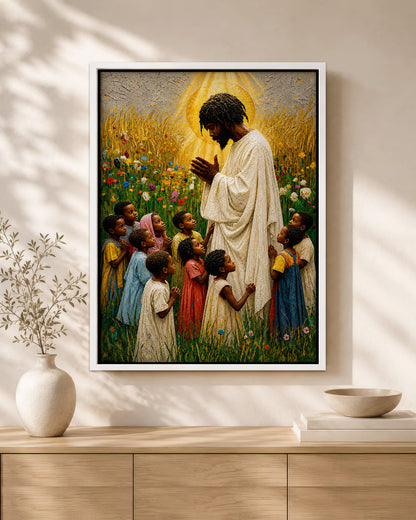 Black Jesus Blessing Children Canvas Print – African American Christian Wall Art