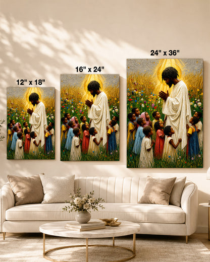 Black Jesus Blessing Children Canvas Print – African American Christian Wall Art