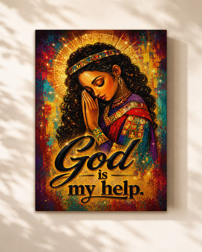 Black Woman Praying Canvas Art - "God Is My Help" Christian Wall Decor for Black Women