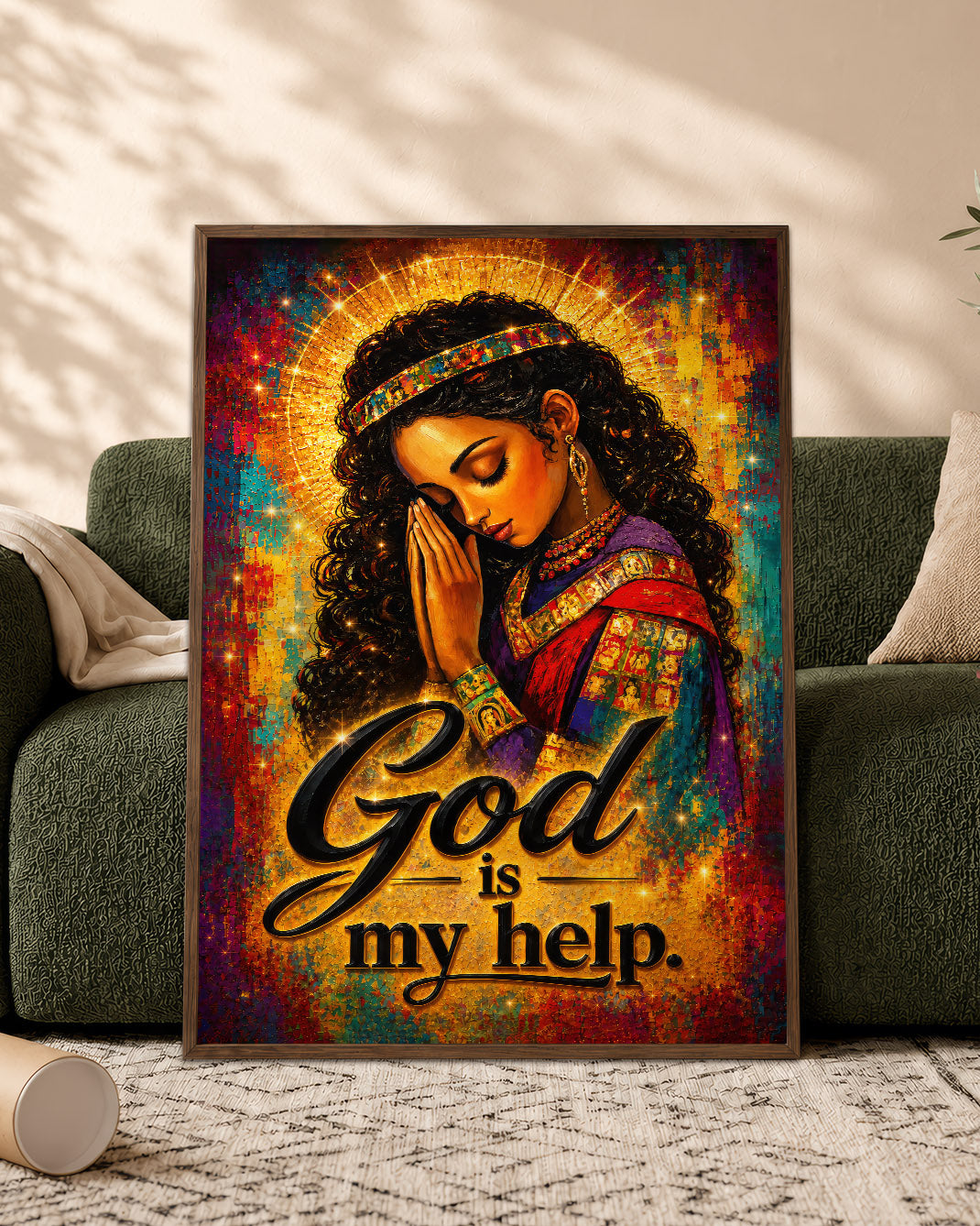 Black Woman Praying Canvas Art - "God Is My Help" Christian Wall Decor for Black Women