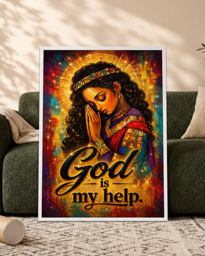 Black Woman Praying Canvas Art - "God Is My Help" Christian Wall Decor for Black Women