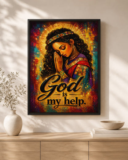 Black Woman Praying Canvas Art - "God Is My Help" Christian Wall Decor for Black Women