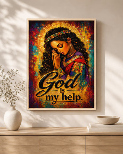 Black Woman Praying Canvas Art - "God Is My Help" Christian Wall Decor for Black Women