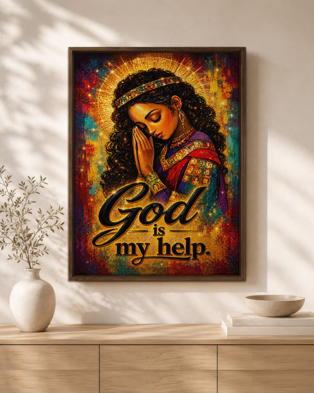 Black Woman Praying Canvas Art - "God Is My Help" Christian Wall Decor for Black Women