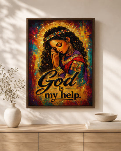 Black Woman Praying Canvas Art - "God Is My Help" Christian Wall Decor for Black Women