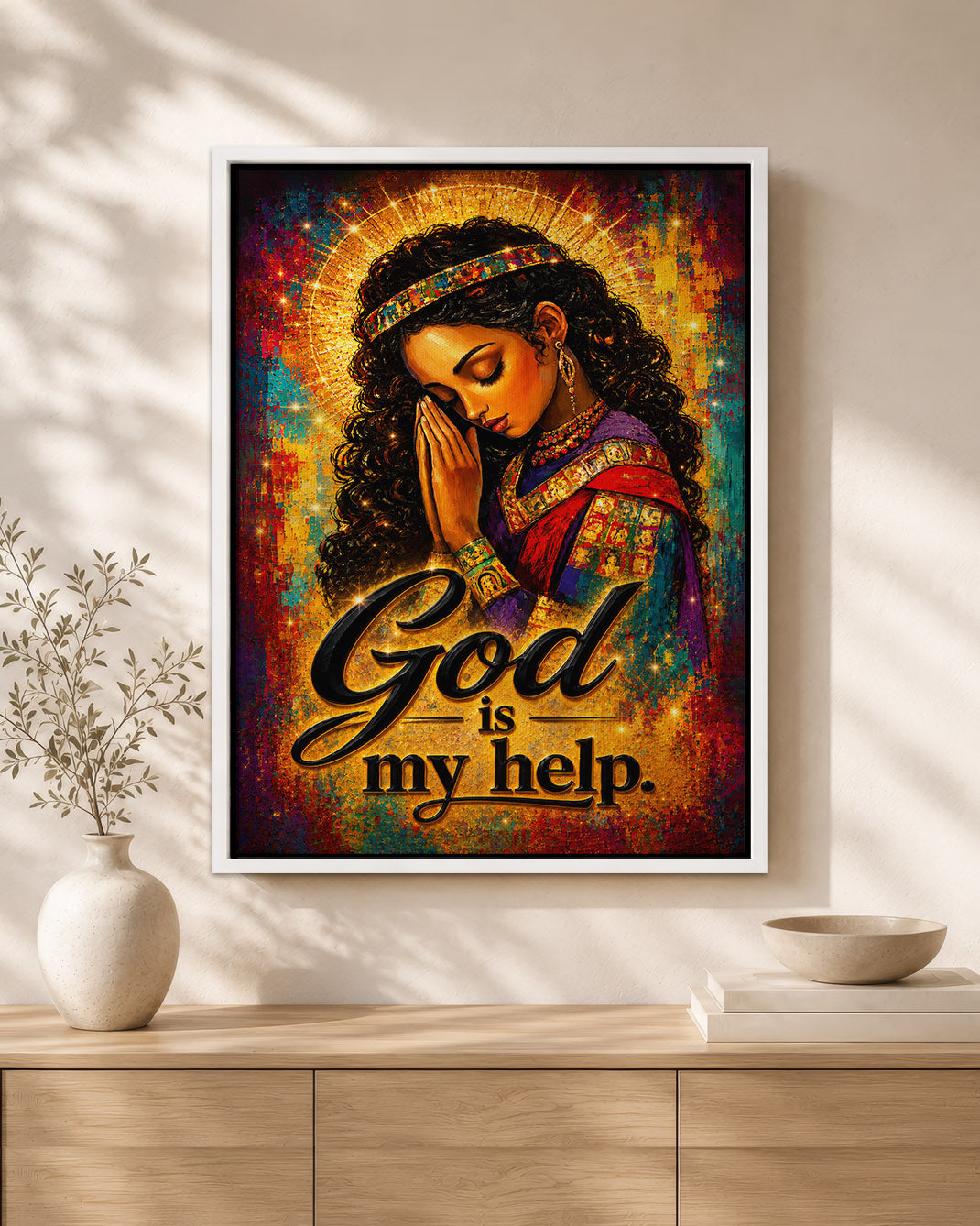 Black Woman Praying Canvas Art - "God Is My Help" Christian Wall Decor for Black Women