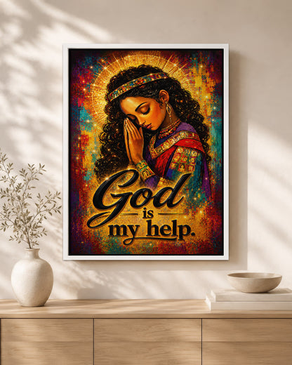 Black Woman Praying Canvas Art - "God Is My Help" Christian Wall Decor for Black Women
