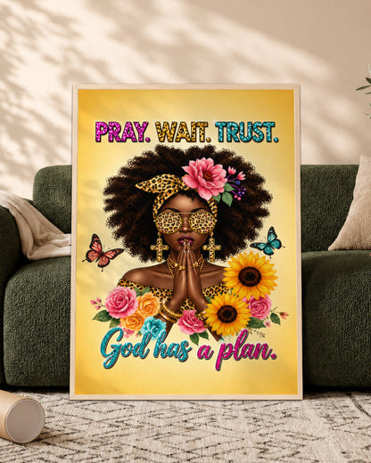 Black Woman Canvas Art - "Pray Wait Trust" Christian Decor