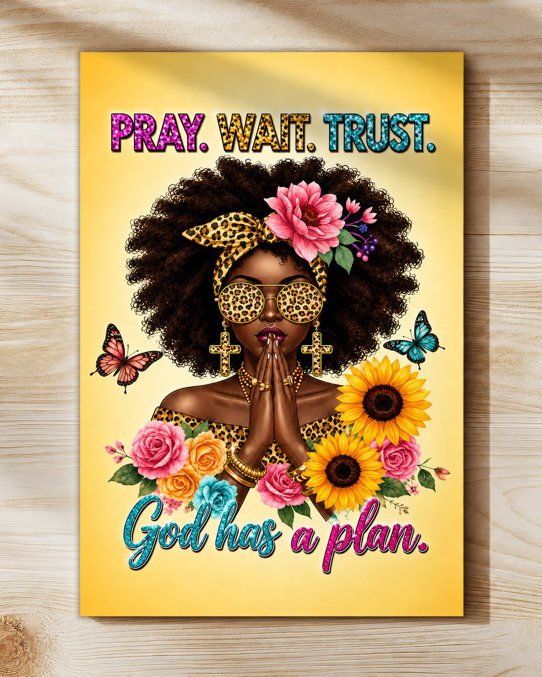 Black Woman Canvas Art - "Pray Wait Trust" Christian Decor