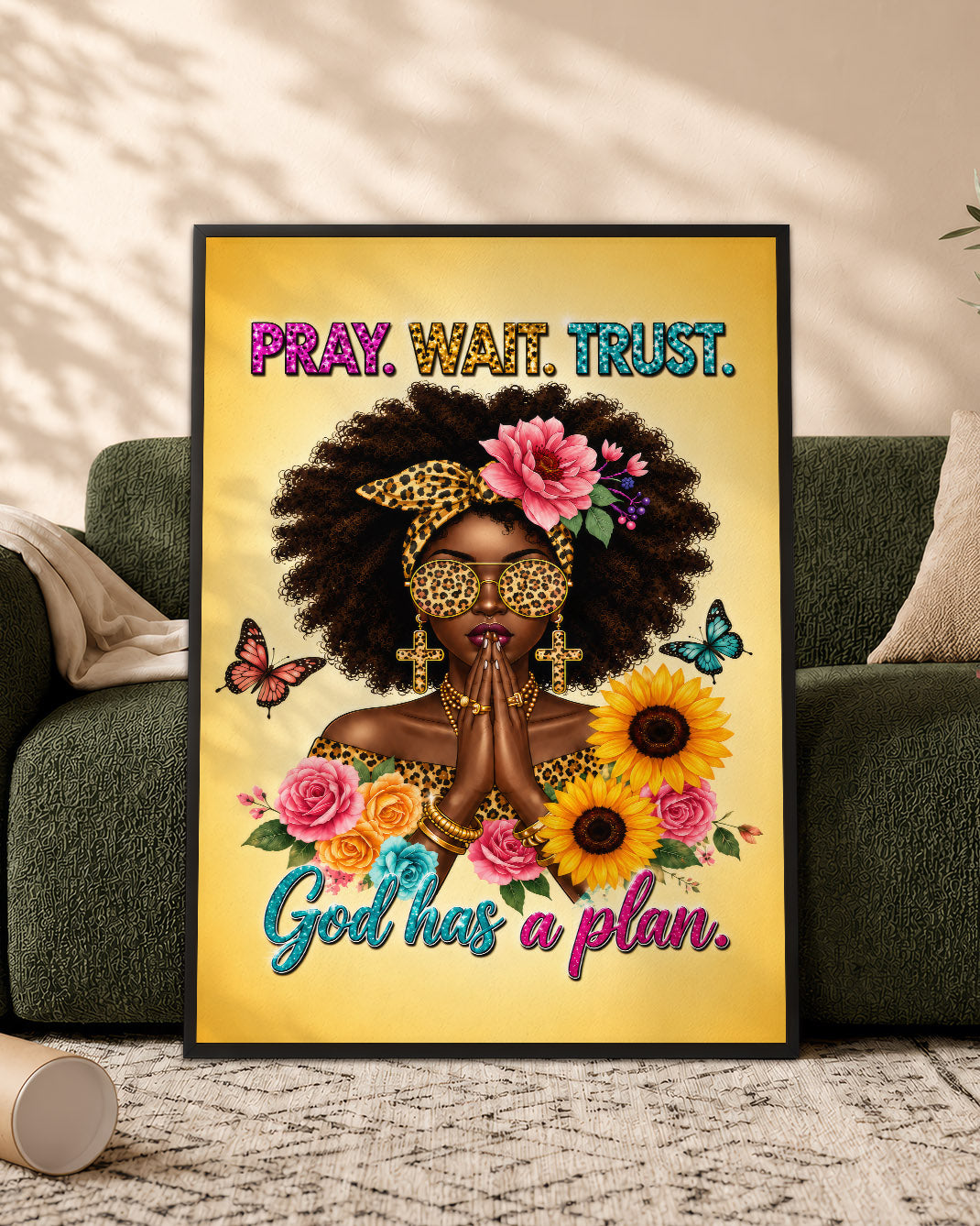 Black Woman Canvas Art - "Pray Wait Trust" Christian Decor