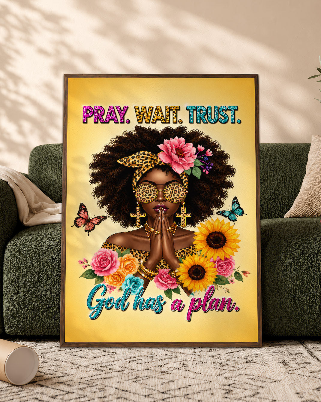 Black Woman Canvas Art - "Pray Wait Trust" Christian Decor