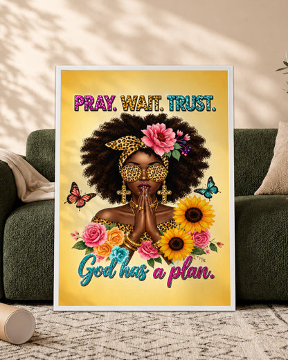 Black Woman Canvas Art - "Pray Wait Trust" Christian Decor