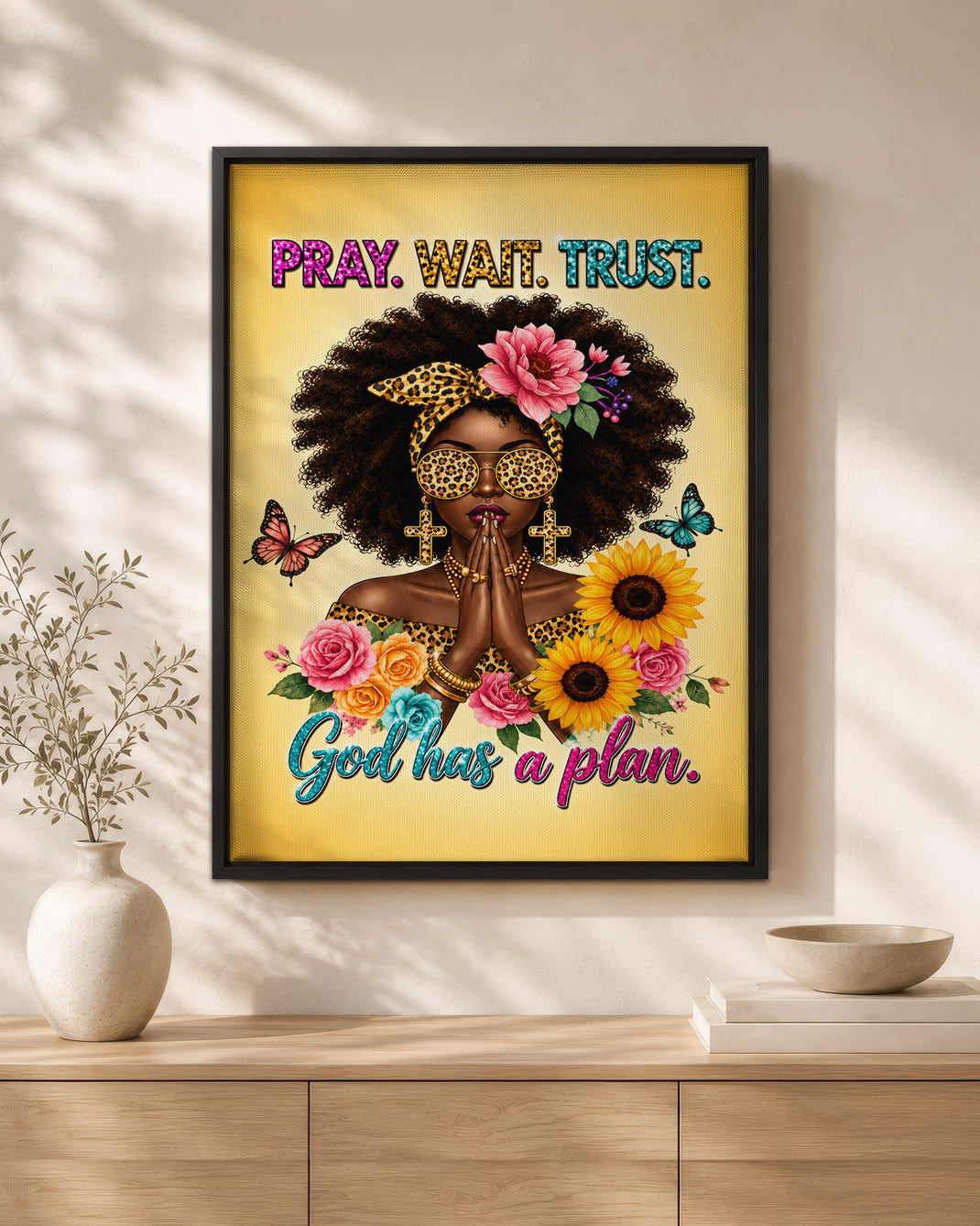 Black Woman Canvas Art - "Pray Wait Trust" Christian Decor