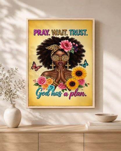 Black Woman Canvas Art - "Pray Wait Trust" Christian Decor