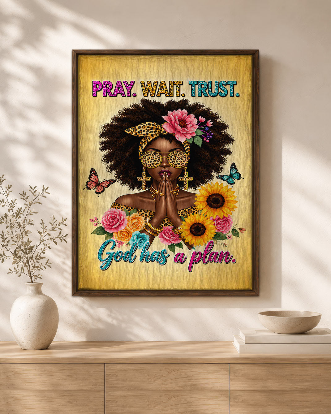 Black Woman Canvas Art - "Pray Wait Trust" Christian Decor