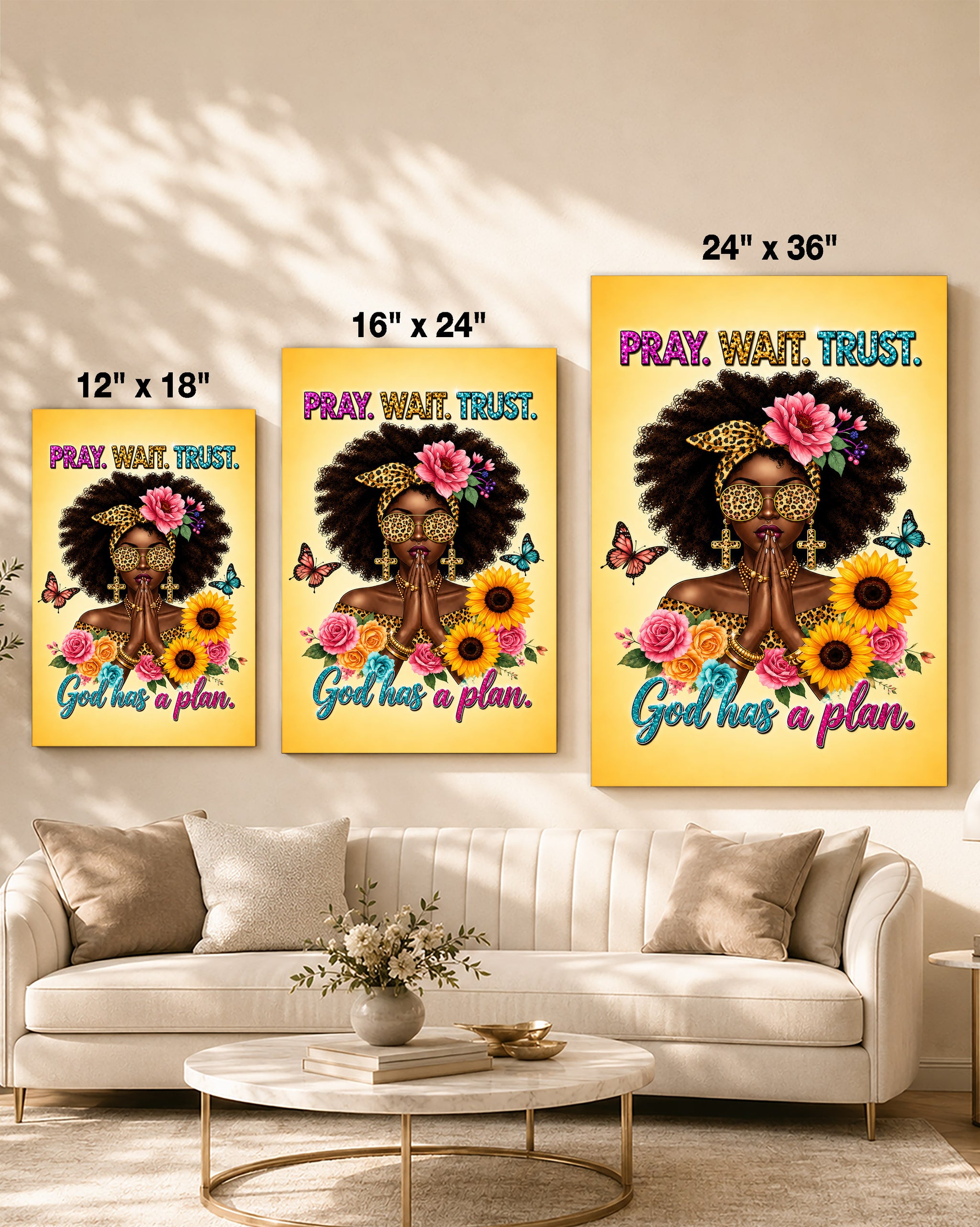 Black Woman Canvas Art - "Pray Wait Trust" Christian Decor