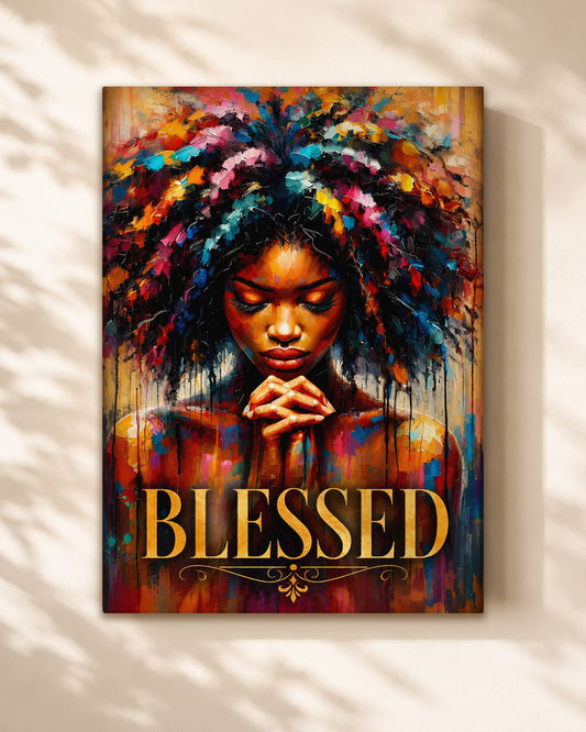 Black Woman Canvas Art - "Blessed" Faith & Afro Wall Decor