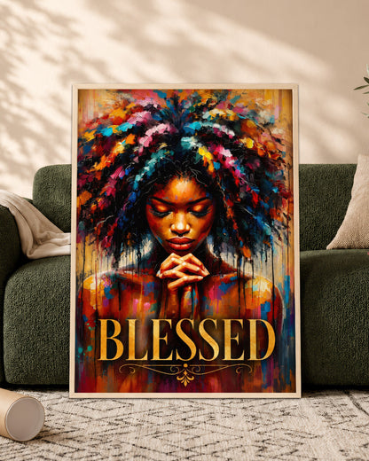 Black Woman Canvas Art - "Blessed" Faith & Afro Wall Decor
