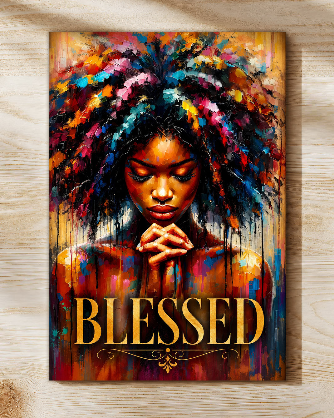 Black Woman Canvas Art - "Blessed" Faith & Afro Wall Decor