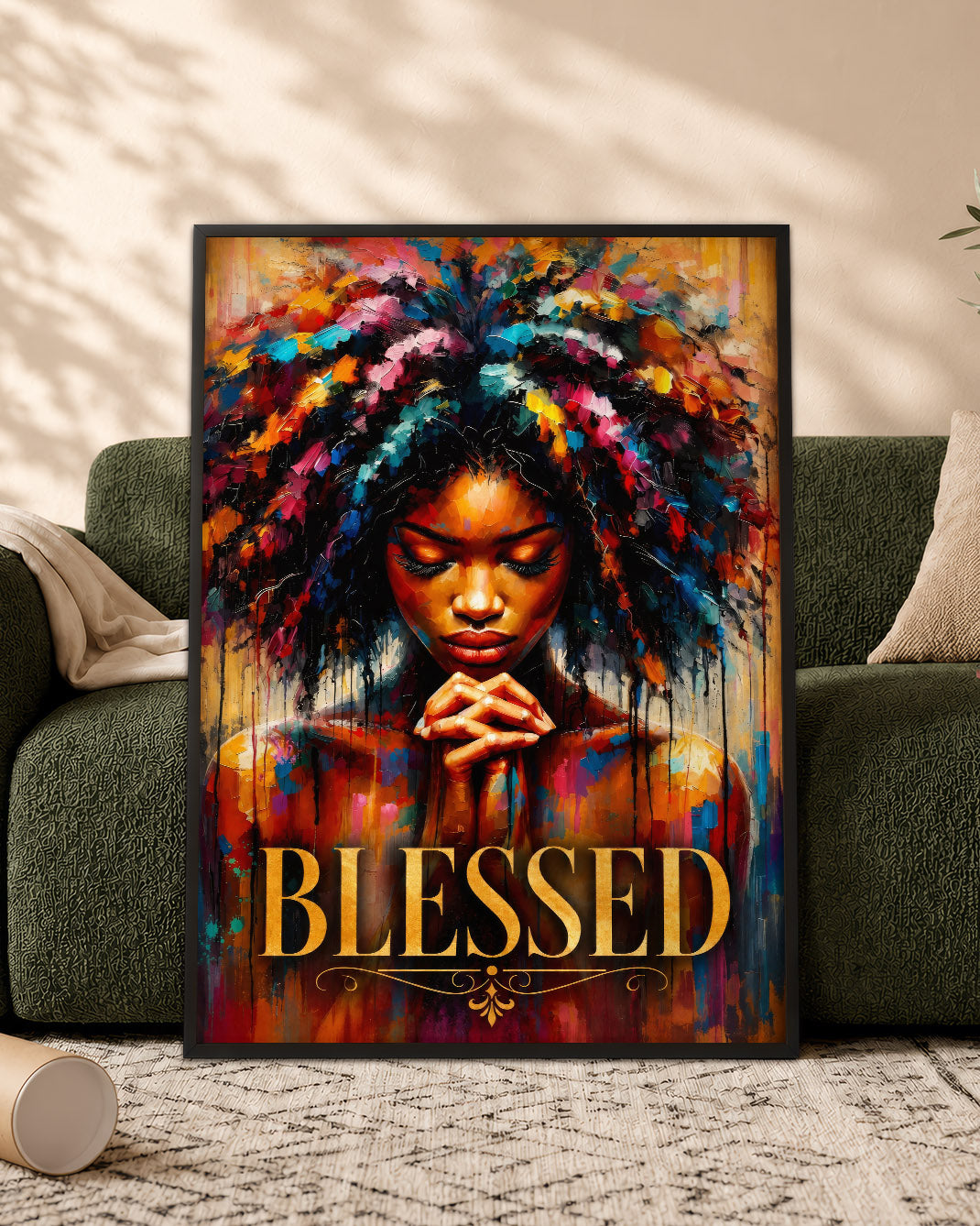 Black Woman Canvas Art - "Blessed" Faith & Afro Wall Decor