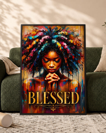 Black Woman Canvas Art - "Blessed" Faith & Afro Wall Decor