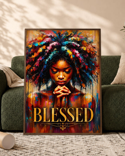Black Woman Canvas Art - "Blessed" Faith & Afro Wall Decor