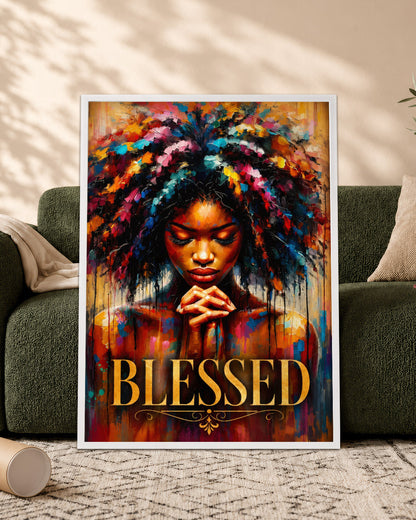 Black Woman Canvas Art - "Blessed" Faith & Afro Wall Decor