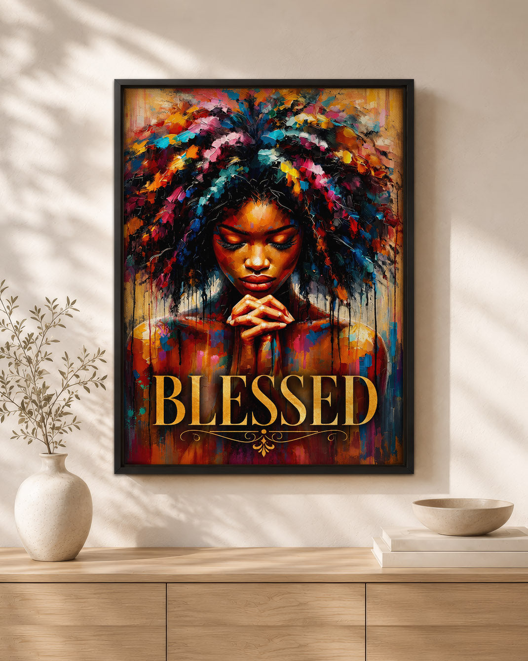 Black Woman Canvas Art - "Blessed" Faith & Afro Wall Decor