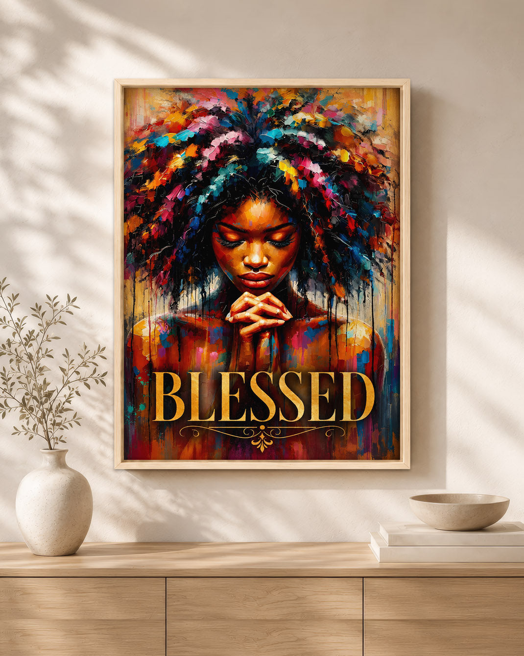 Black Woman Canvas Art - "Blessed" Faith & Afro Wall Decor