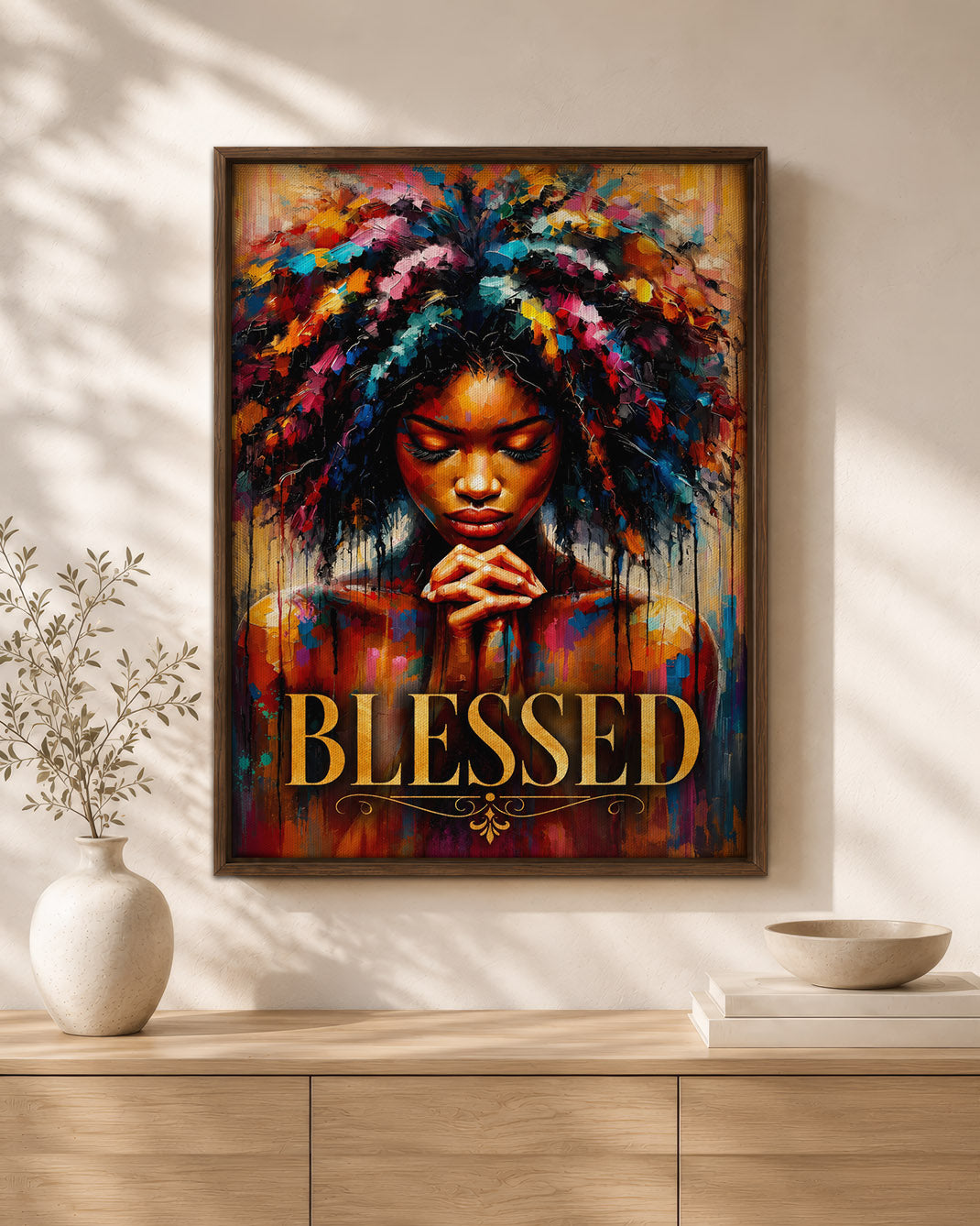 Black Woman Canvas Art - "Blessed" Faith & Afro Wall Decor