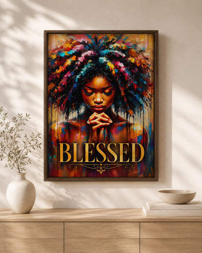 Black Woman Canvas Art - "Blessed" Faith & Afro Wall Decor