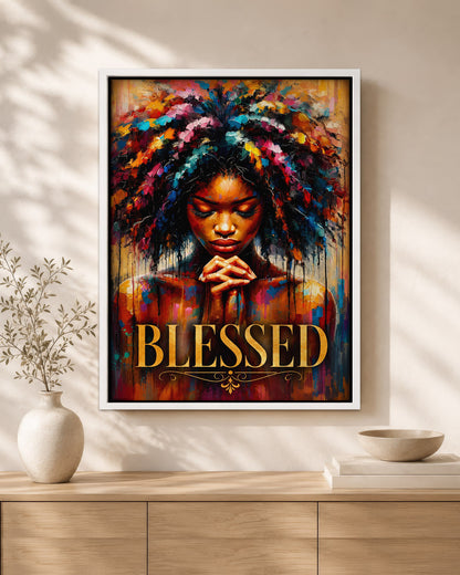Black Woman Canvas Art - "Blessed" Faith & Afro Wall Decor