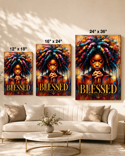 Black Woman Canvas Art - "Blessed" Faith & Afro Wall Decor