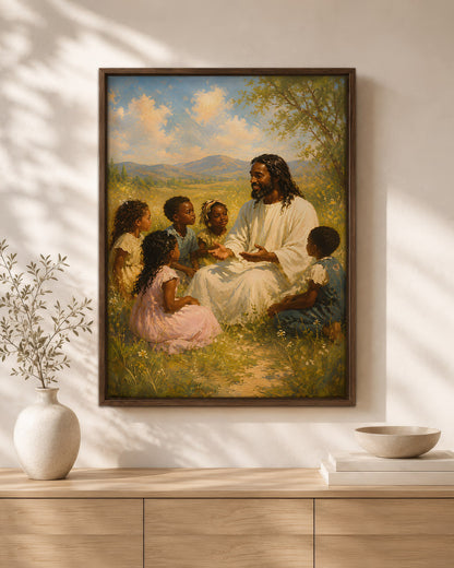 Black Jesus with Children, Faith & Love Christian Wall Art