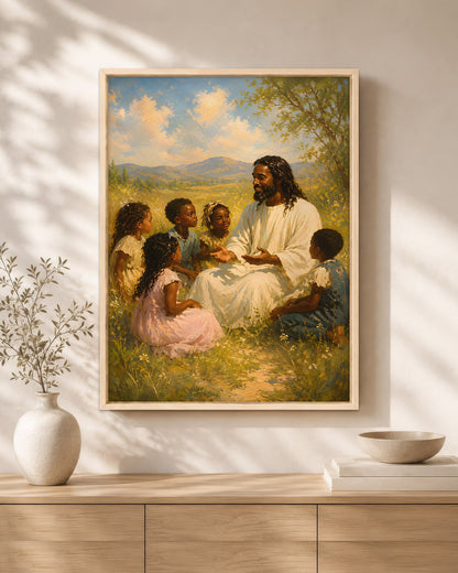 Black Jesus with Children, Faith & Love Christian Wall Art