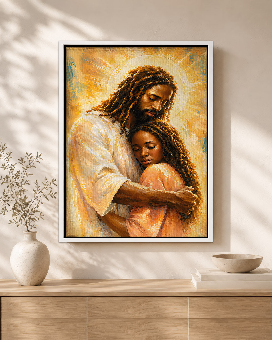 Black Jesus Canvas Wall Art – Black Jesus Embracing Child, Christian Faith & Family Decor
