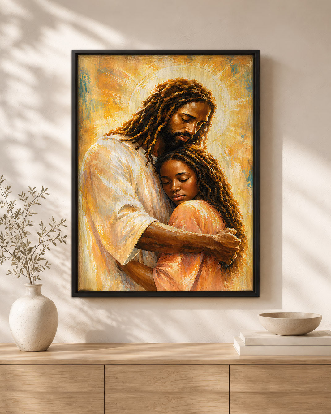 Black Jesus Canvas Wall Art – Black Jesus Embracing Child, Christian Faith & Family Decor