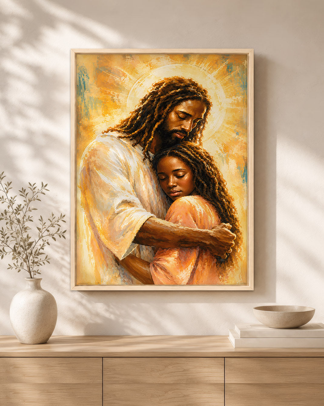 Black Jesus Canvas Wall Art – Black Jesus Embracing Child, Christian Faith & Family Decor